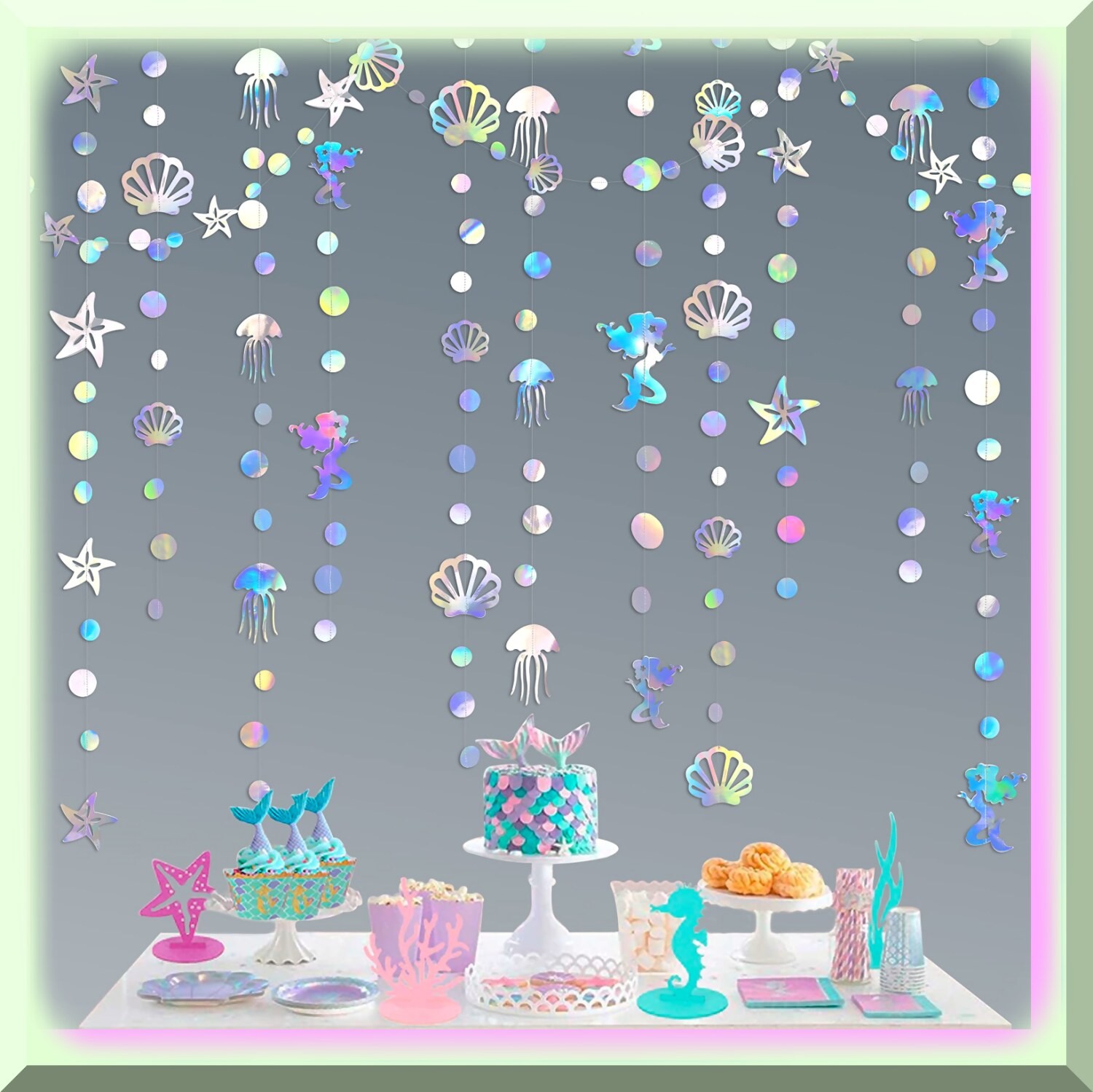 40 Ft Iridescent Mermaid Ocean Garland with Seashells and Jellyfish