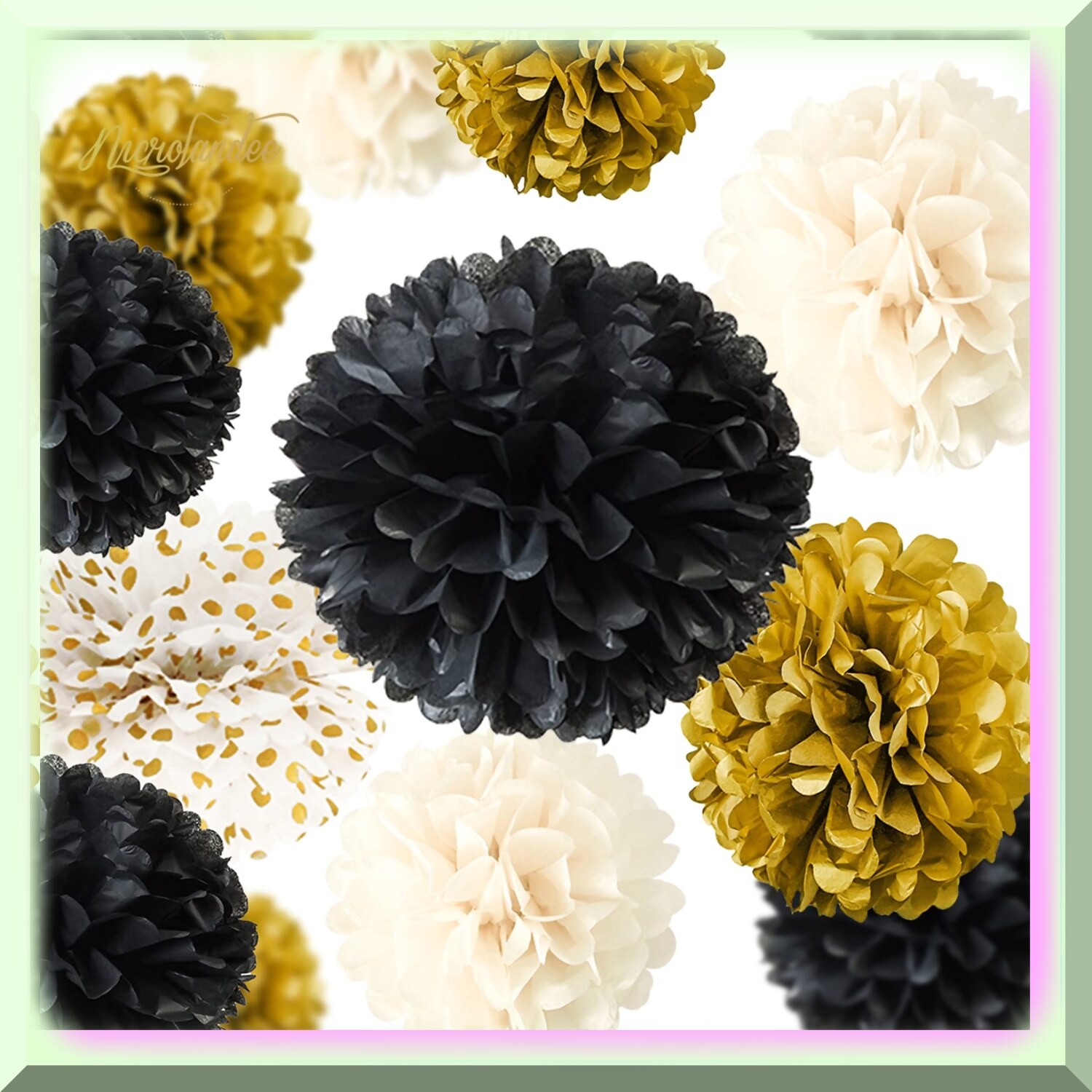 Black, Gold, and White Tissue Paper Pom Poms