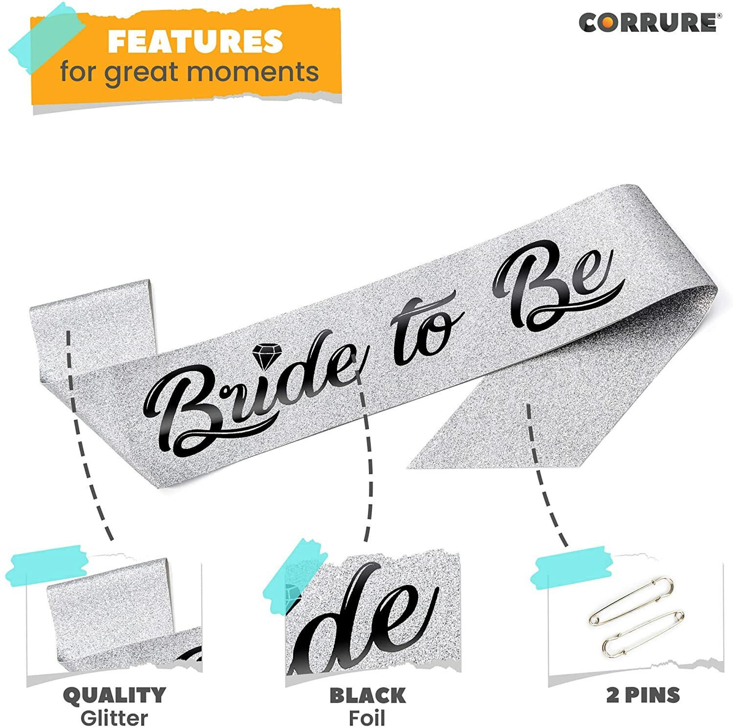 ‘Bride to Be’ Sash for Bachelorette Party – Bridal Shower Silver Glitter Sash