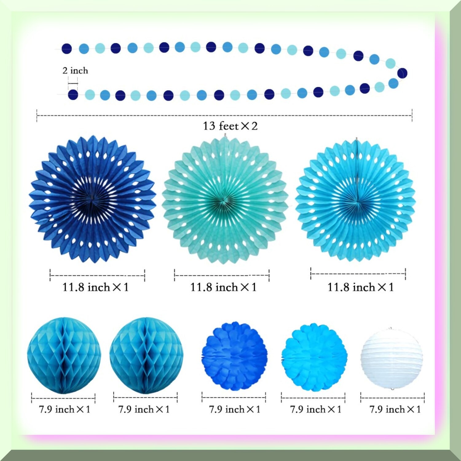 Blue and White Paper Fan Flowers Tissue Pom-Poms Garlands