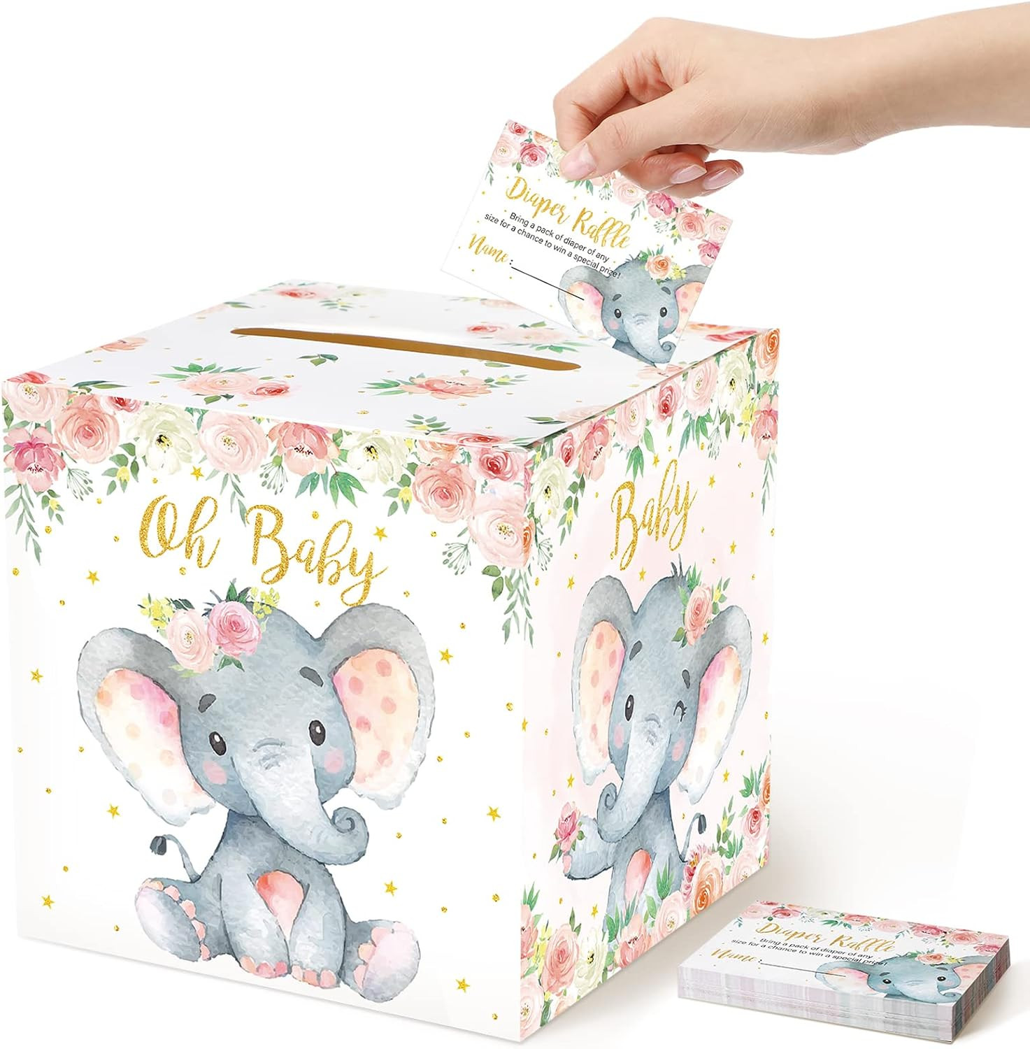 51 Pcs Elephant Diaper Raffle Card Box with Diaper Raffle Tickets Insert Card fo