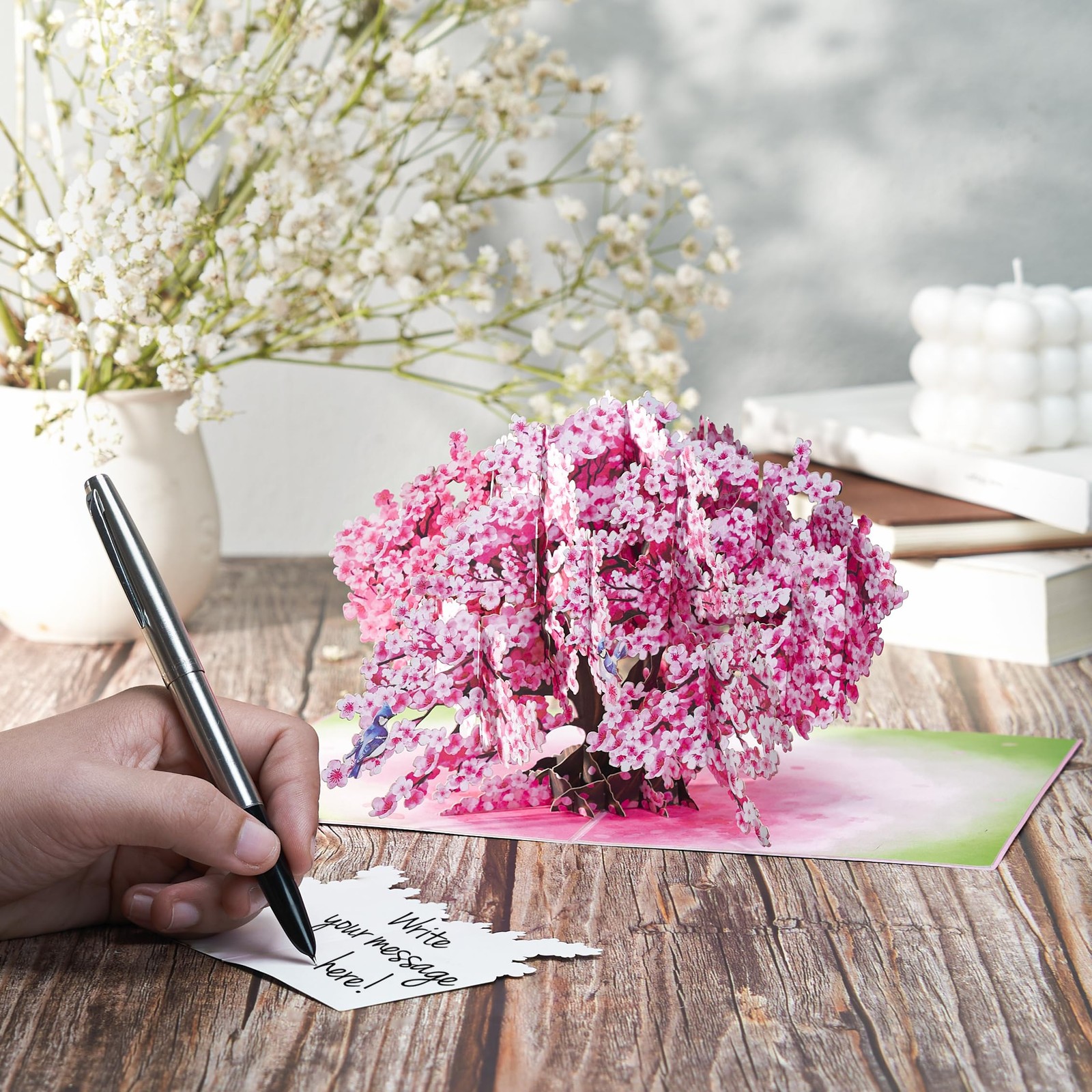 POPWOW Bonsai Cherry Pop Up Cards, Blue Bird, 3D Greeting 5×7″,