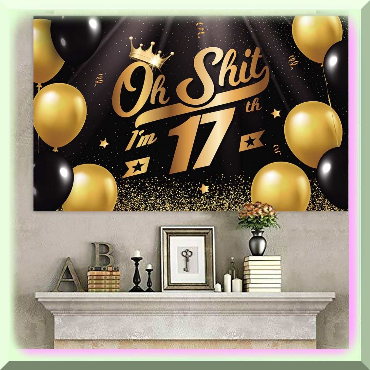 Seventeen Sparkle Fiesta Black Gold Balloon Confetti Backdrop