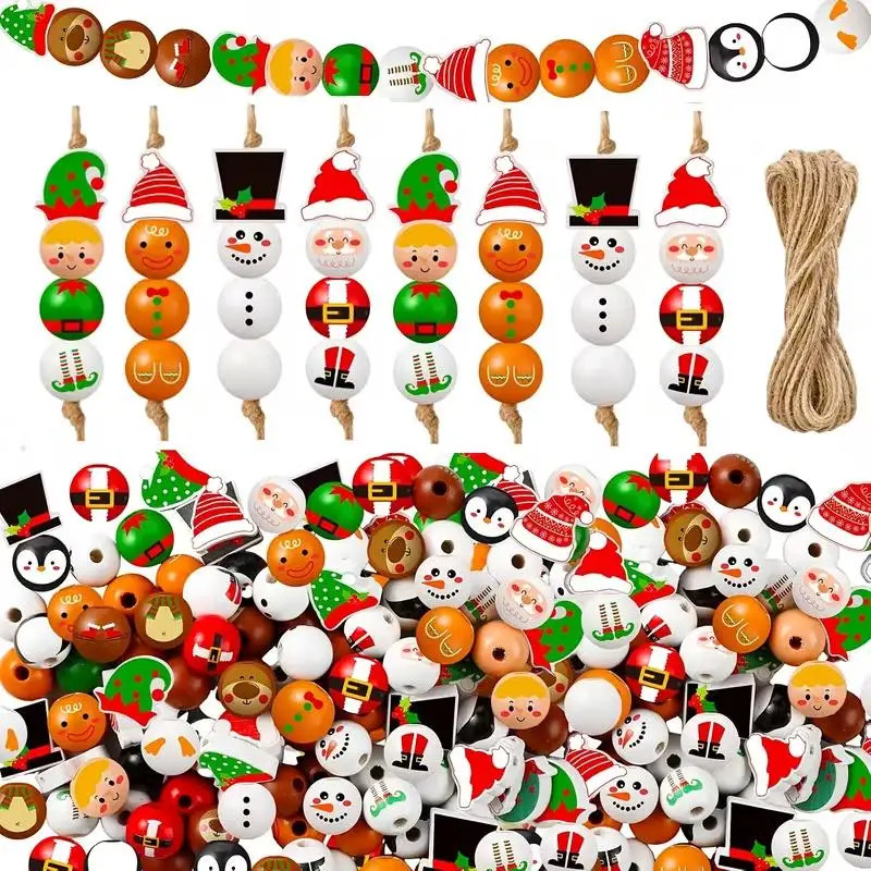 48/80Pc Wooden Beads Christmas Santa Claus Gingerbread Man Elf DIY Garland Decor