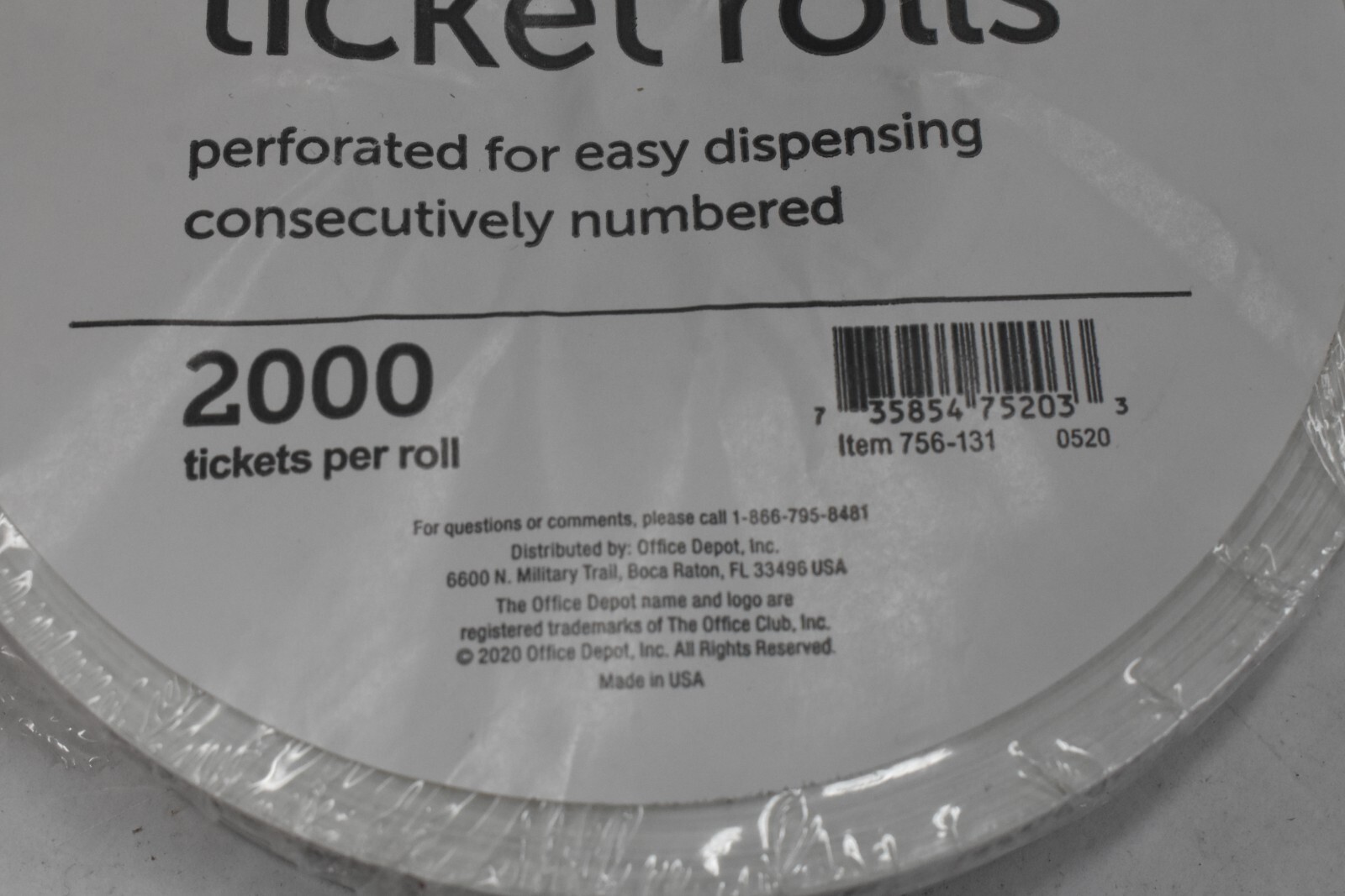 Raffle Ticket Roll of 2000 Tickets White Single Coupon Ticket Roll 759-131