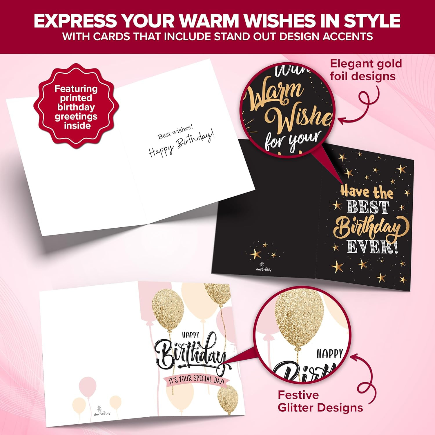 24 Pack Foil and Glittery 6X4In Assorted Birthday Cards with Envelopes and St…