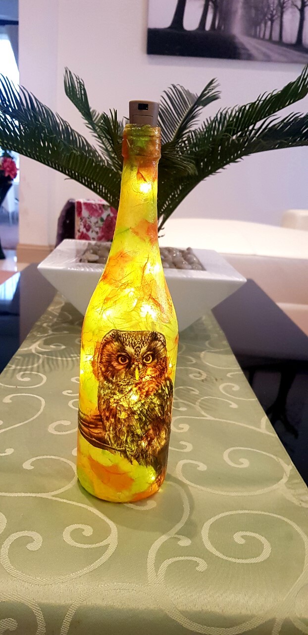 Hand Decorated Light Up Bottle Lamp with Owl Design One of a Kind Unique Gift
