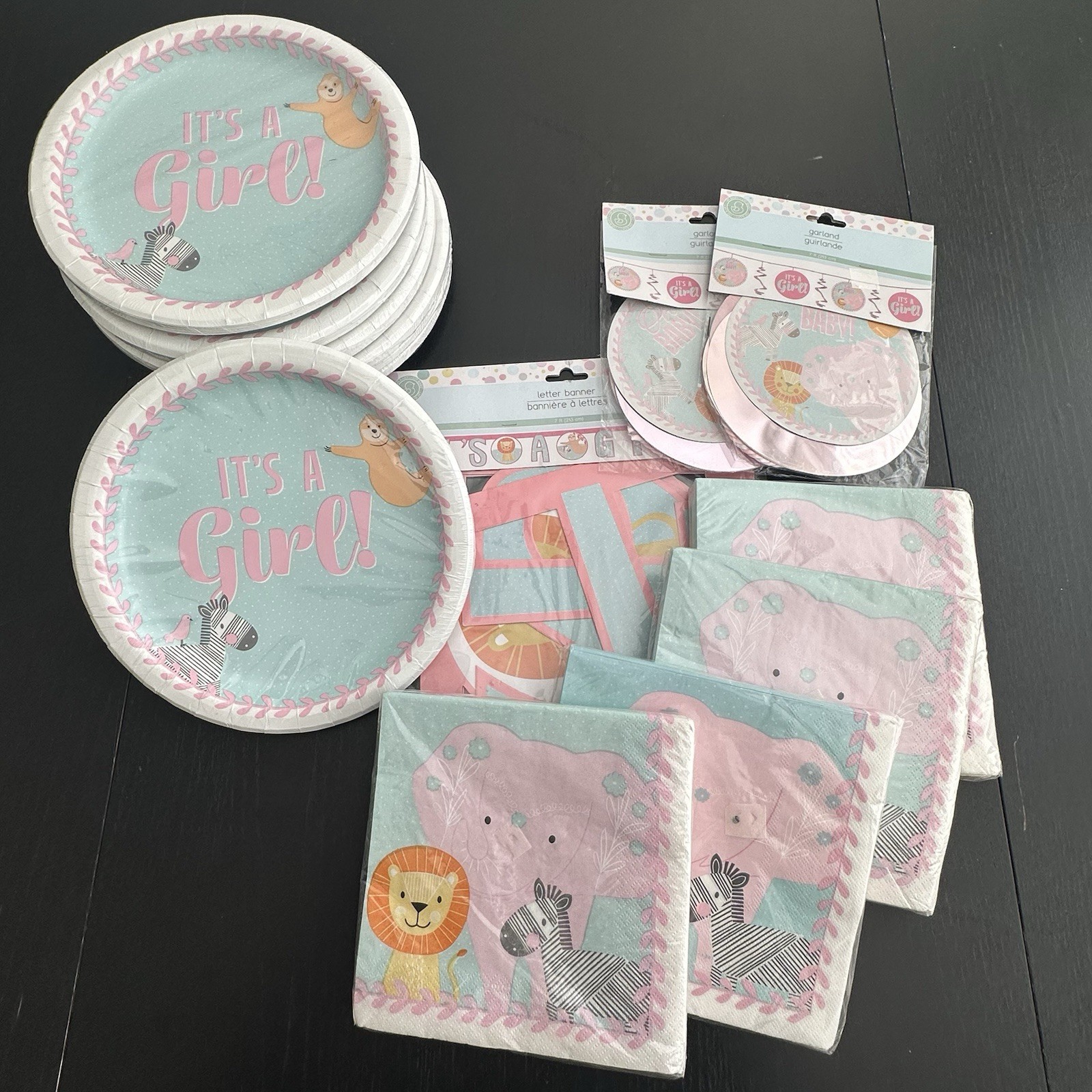 It’s a Girl Baby Shower Party Set Jungle Safari Animals Plates Napkins Banners