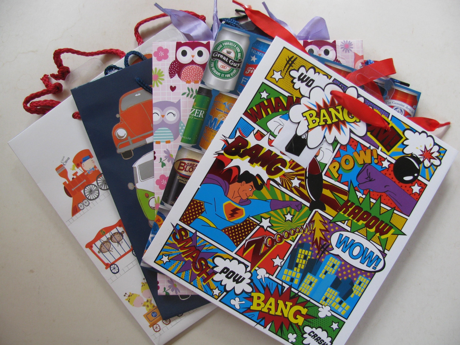 Gift Bags Various Design Medium Size Unicorn Owl Train Puppies Wow Tags Giftbags