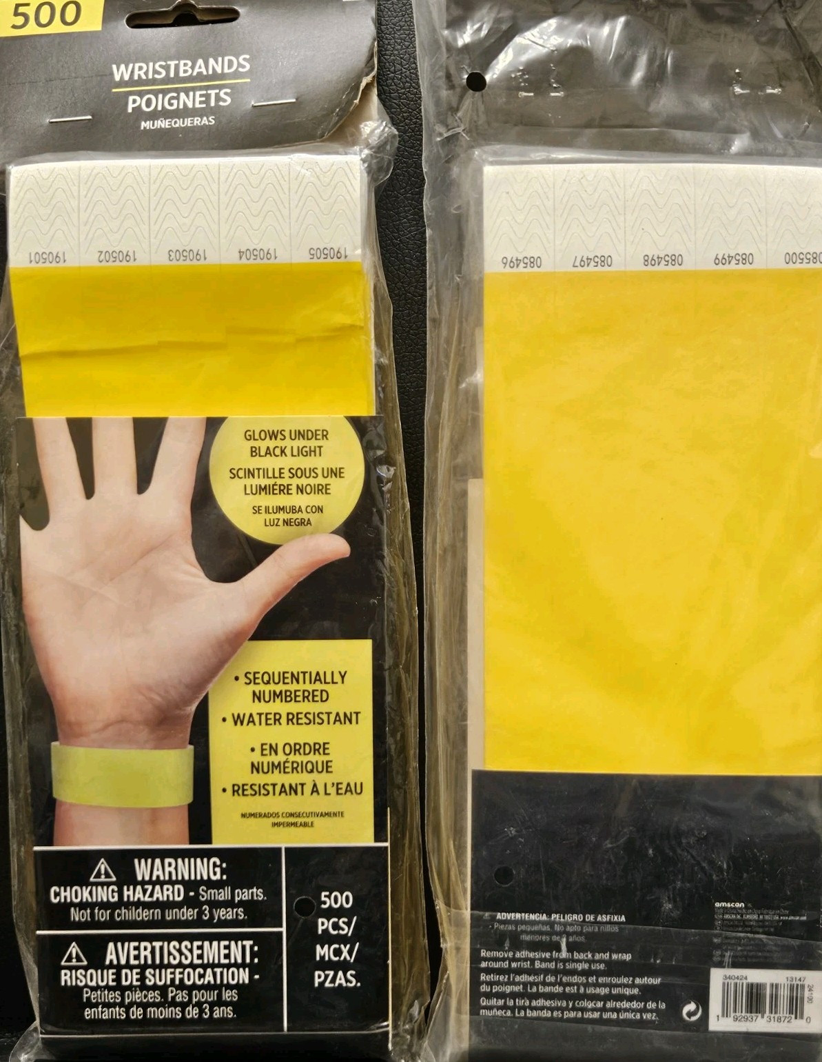 Lot Of 2 Packs Yellow Wristbands 500 Each Sequentially Numbered Water Resistant