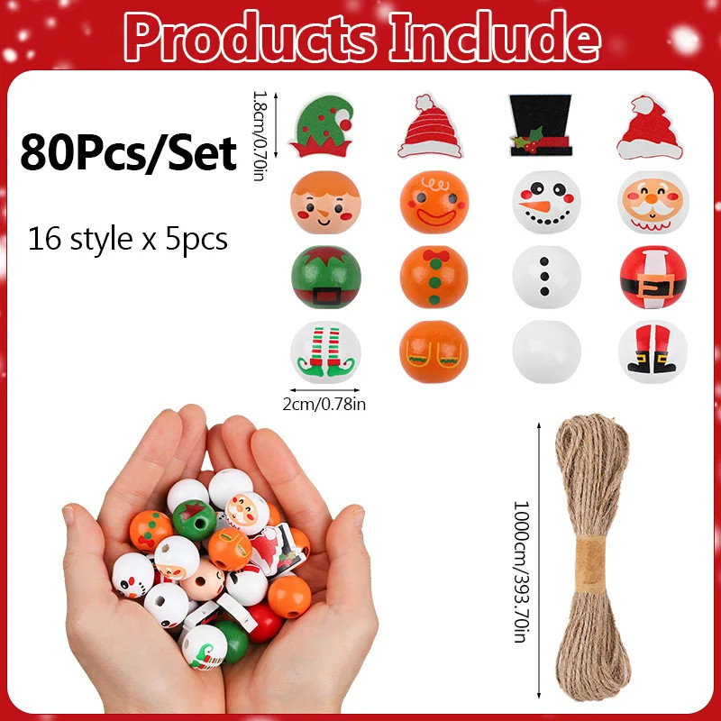 48/80Pc Wooden Beads Christmas Santa Claus Gingerbread Man Elf DIY Garland Decor