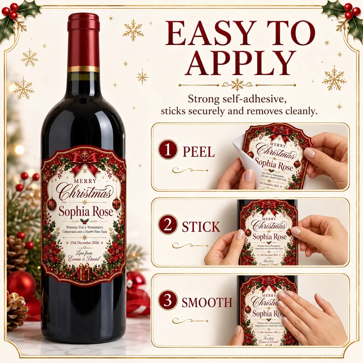 Personalised Christmas Bottle Label Sticker Custom Wine Champagne Gift