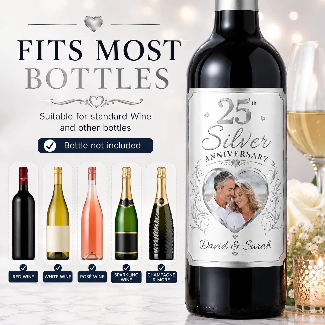 Personalised 25th Silver Anniversary Bottle Label Sticker Custom Photo Gift