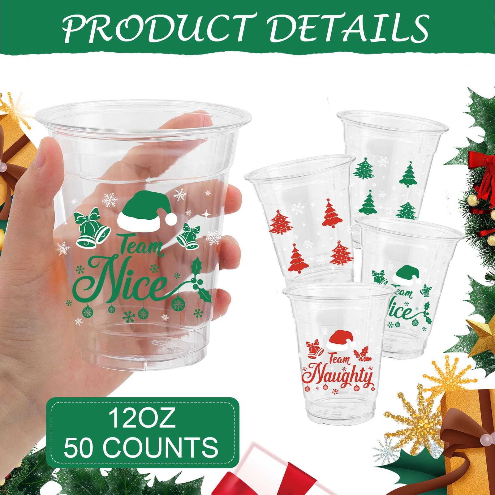 50 Pcs 12OZ Christmas Party Cups,Christmas Plastic standard, Naughty or Nice