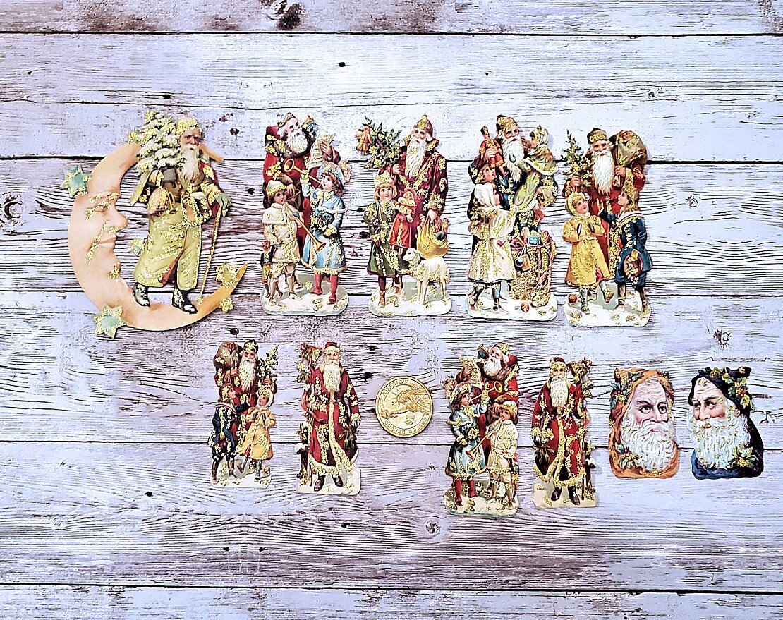 11-Christmas-Victorian-Fussy Cut-Embossed-Scraps-Santa-Glittered-Stickers