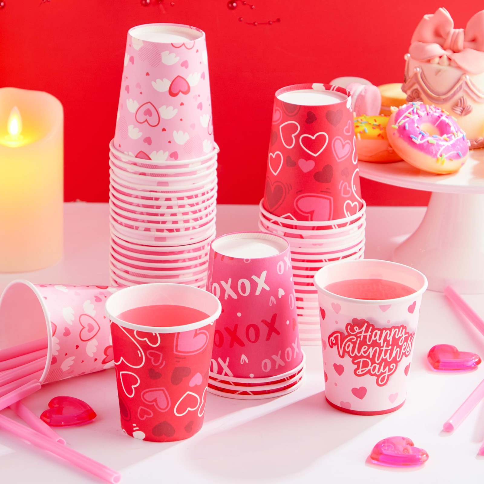 48 Pcs Valentine’s Day Disposable Cups, Paper Cocoa Cups with Pink Red Heart D