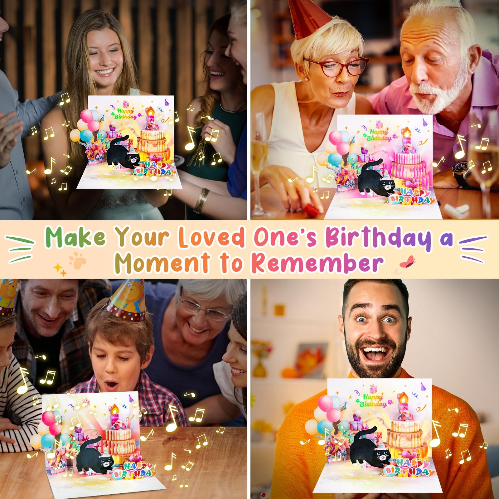FITMITE Birthday Cards, Cute Cat MUSIC & LIGHTS 7.8 inches x 5.9 inches, pink
