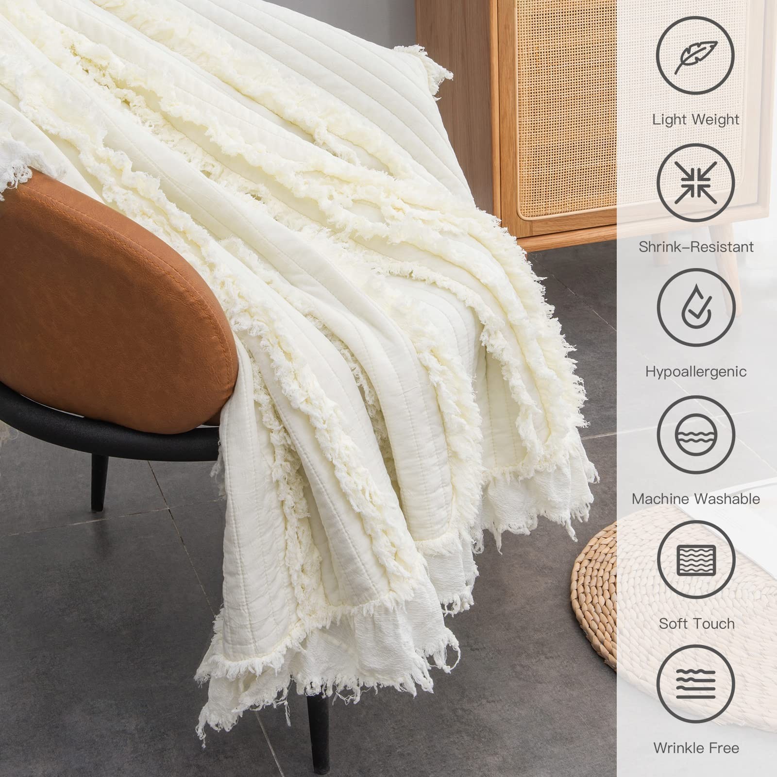 Pre-Washed Ultra Soft Quilted Cream King Size Blankets for Bed, Ruffle Fringe…