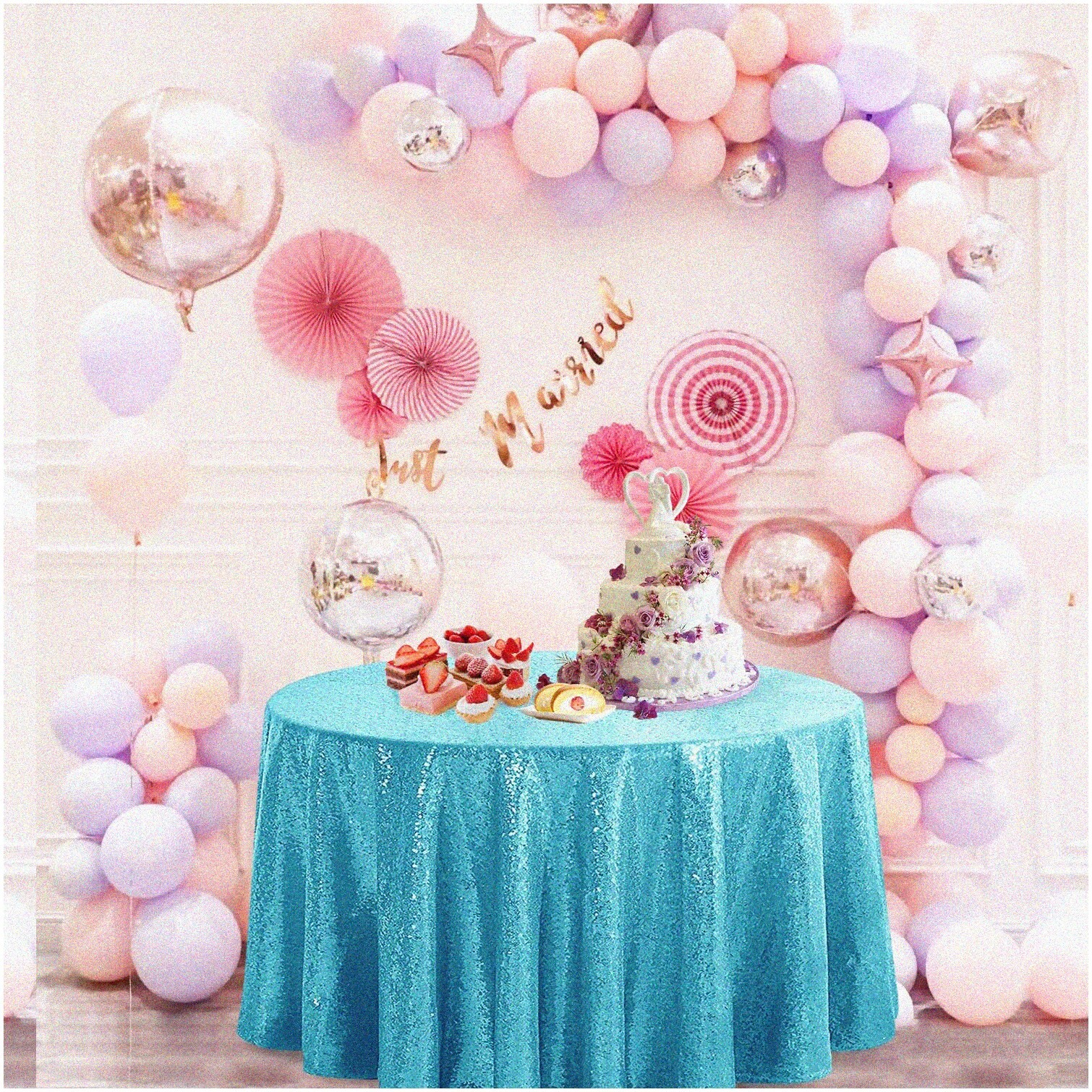 Turquoise Sequin Round Party Tablecloth