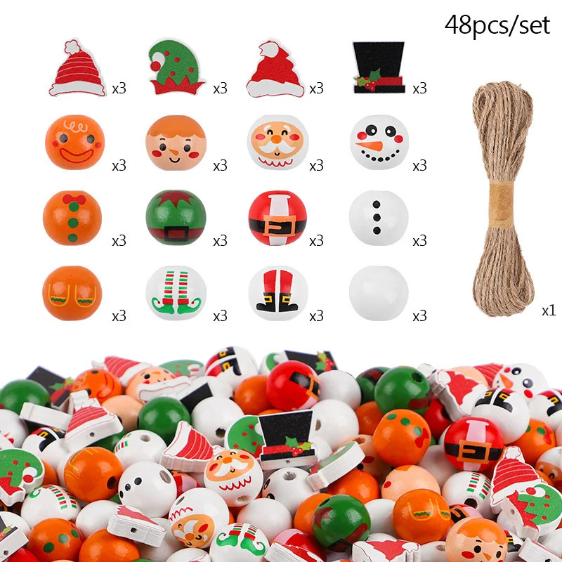 48/80Pc Wooden Beads Christmas Santa Claus Gingerbread Man Elf DIY Garland Decor