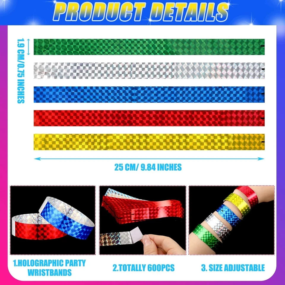 500 Pack Holographic Party Wristbands Assorted Colored Wristbands with Buckle Wr