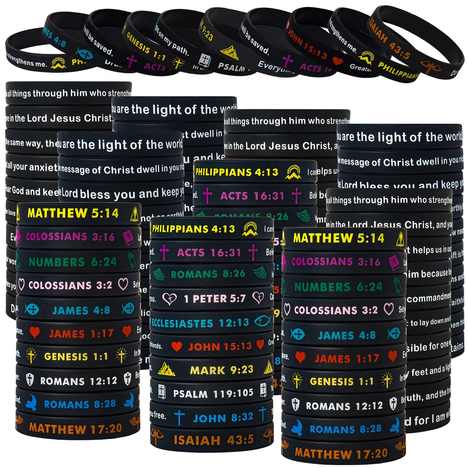 100 Pcs Silicone Religious Wristbands Bible Verse Rubber Bracelets for Men Women