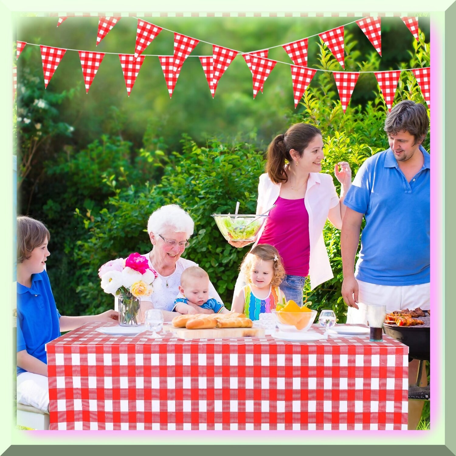 Red and White Checkered Tablecloth and Banner Set