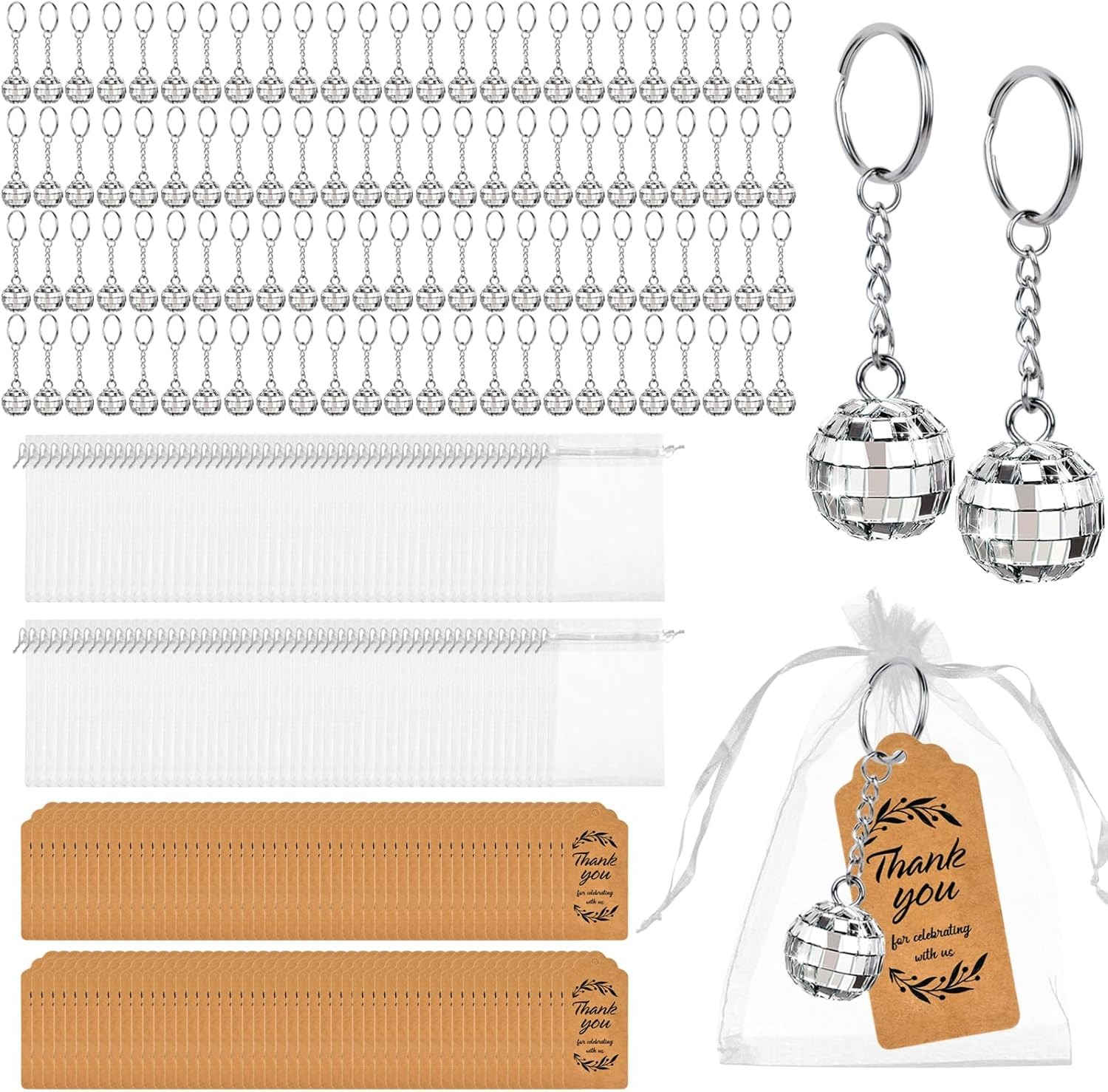 100 Sets Mirror Disco Ball Keychain with Organza Bags and Thank You Tags Mini…