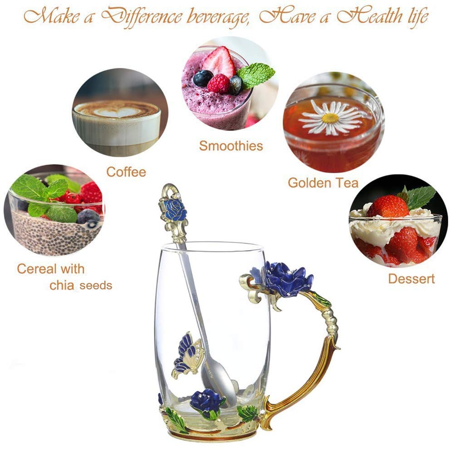 Gifts for Mom Women Unique Blue Tea Mug With Spoon Set & Flower Decoration – …