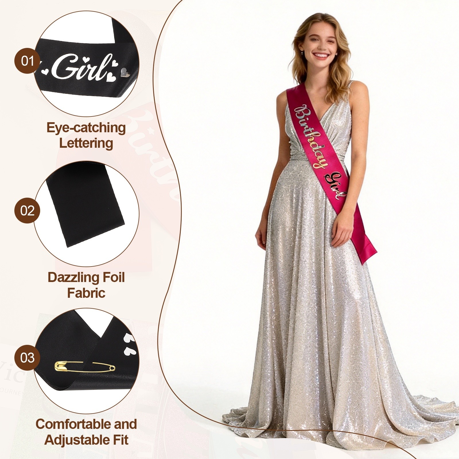 Birthday Girls Sash with Pin Silver Foil Lettering for Birthday Party, Black