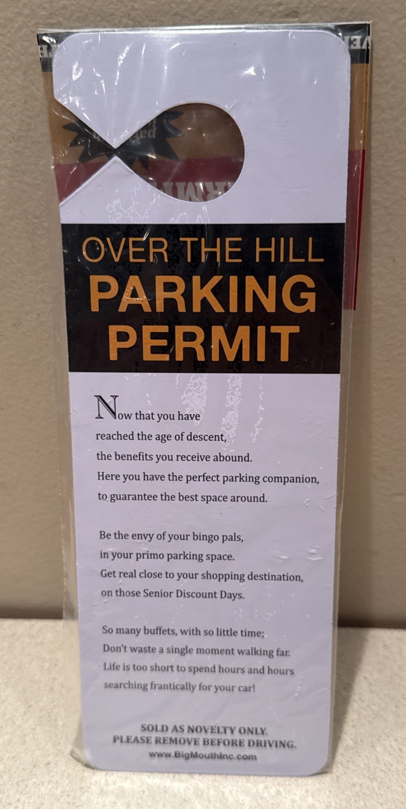 Over The Hill Parking Permit Hanging Tag Novelty Gift 40th 50th 60th Birthday
