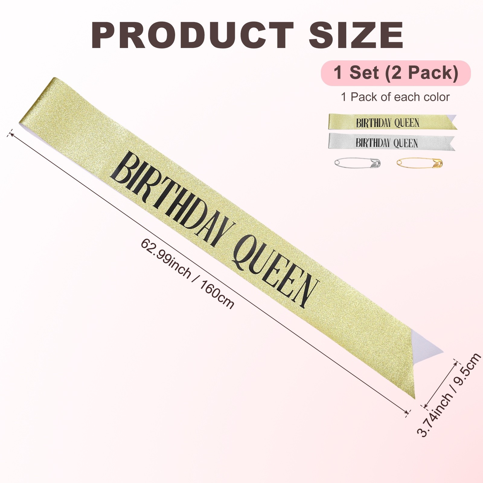 2-Pack Birthday Sash, Sequined Fabric Birthday Gifts [Black Text, Silver Gold]