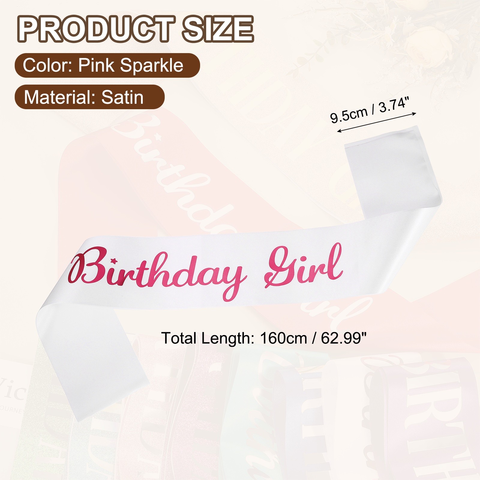 Birthday Girls Sash with Pin Pink Sparkle Lettering for Birthday Party, White