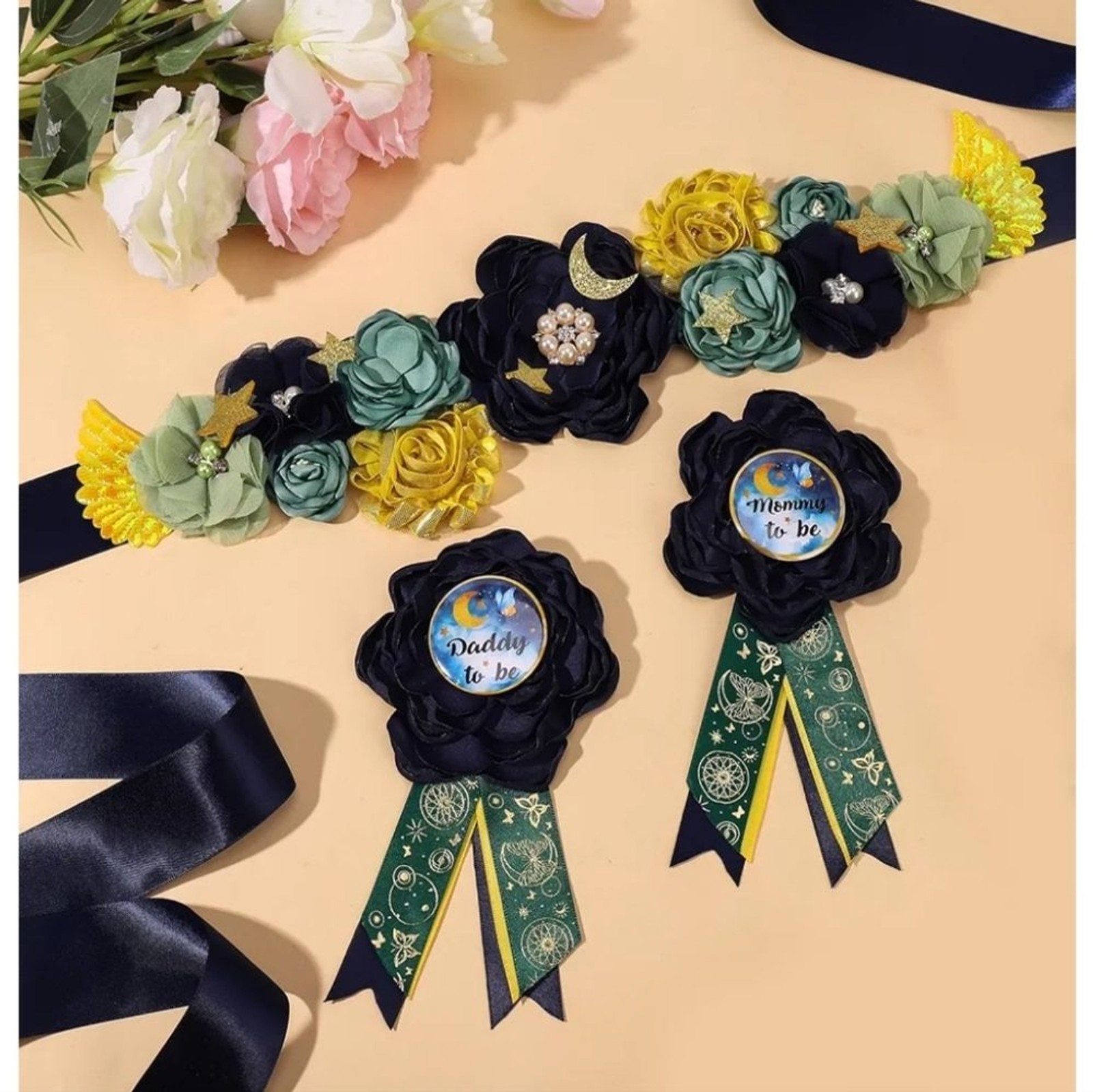Moon Maternity Sash And Corsage Set Mommy And Daddy To Be Pins Baby Shower New