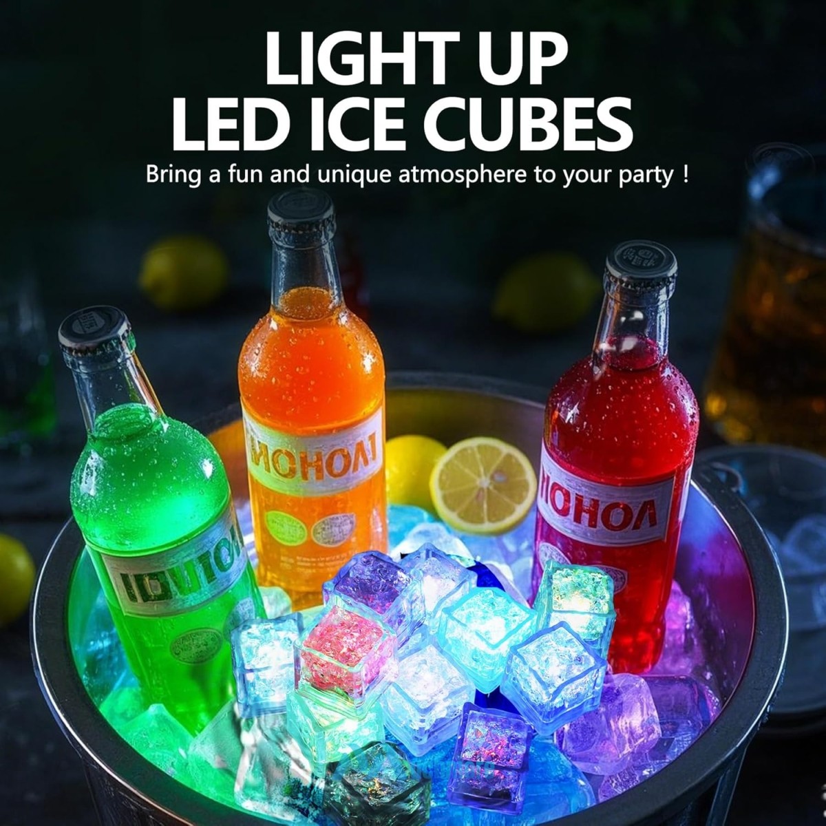 12~120pc Multi Color Flashing LED Light Up Ice Cubes Waterproof Liquid Activated