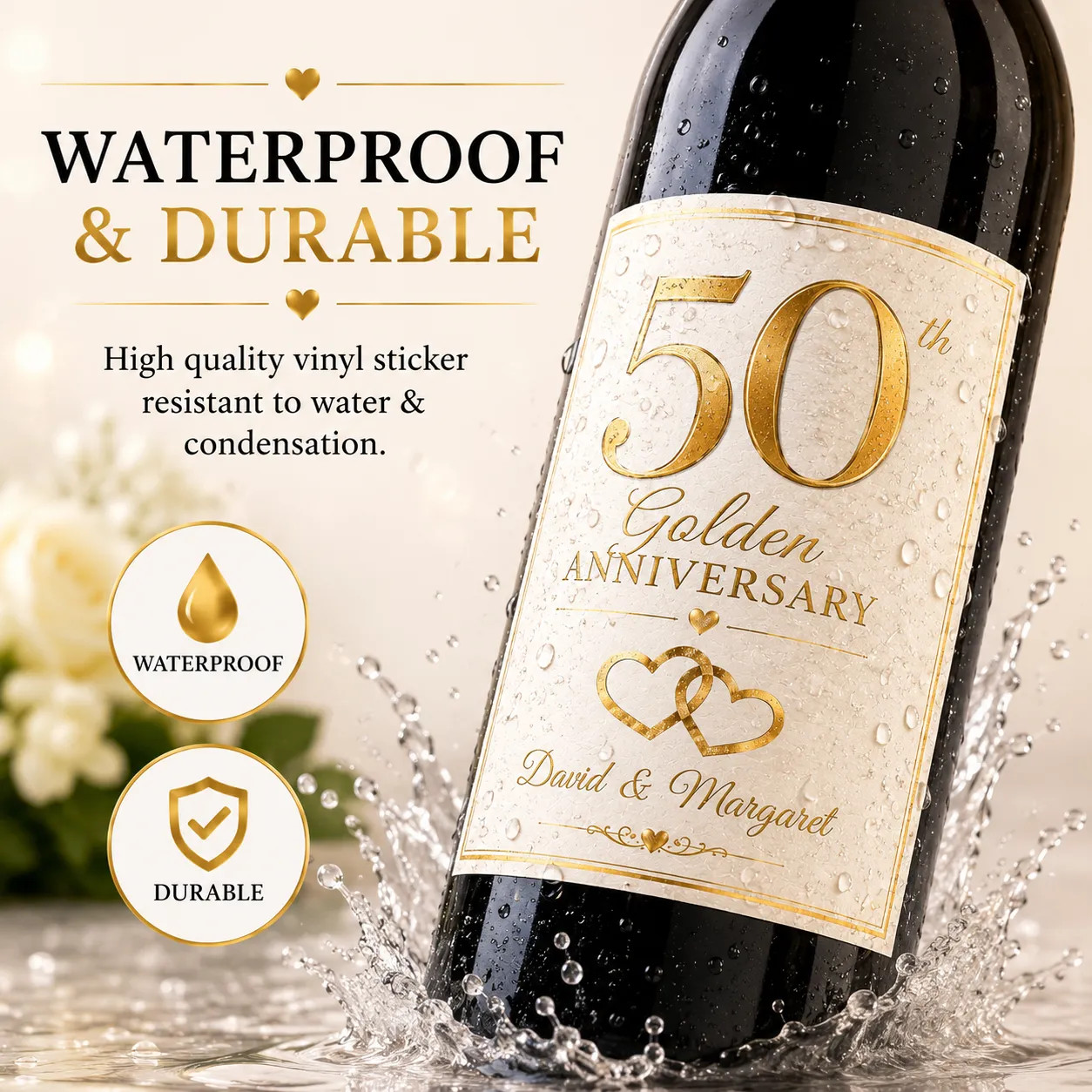 Personalised 50th Golden Anniversary Bottle Label Sticker Custom Wedding Gift