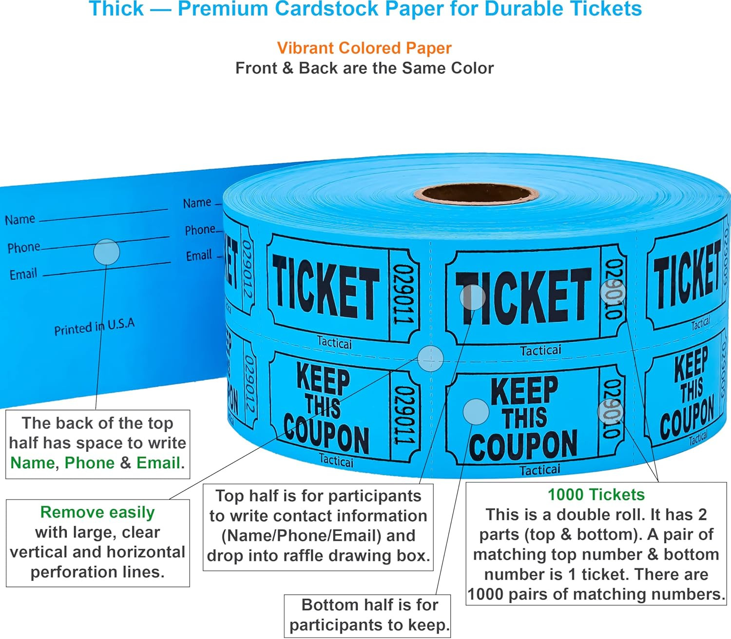 1000 Raffle Tickets, Blue (1 of 8 Colors), Double Roll, Ticket for Events, Entr