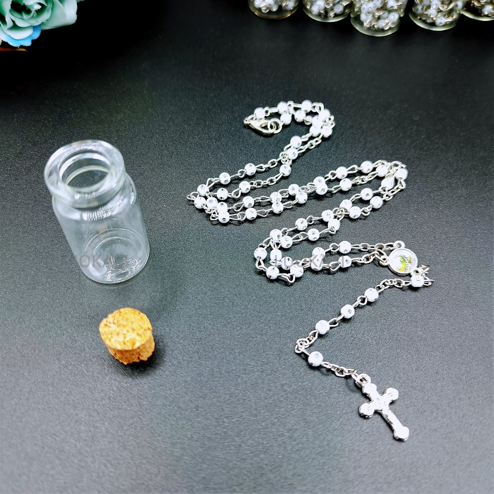 US 4/12pcs White Bead Rosary Necklace in Wishing Bottle Recuredo De Bautizo