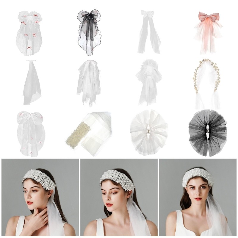Wedding Veil Pearls Ribbon Short Veil Bride Hair Accessoies White Sheer Veil