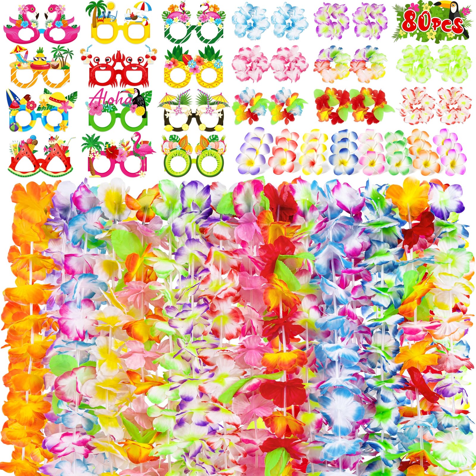 80PCS Hawaiian Luau Leis Party Photo Booth Props 20 inches, Multicolor
