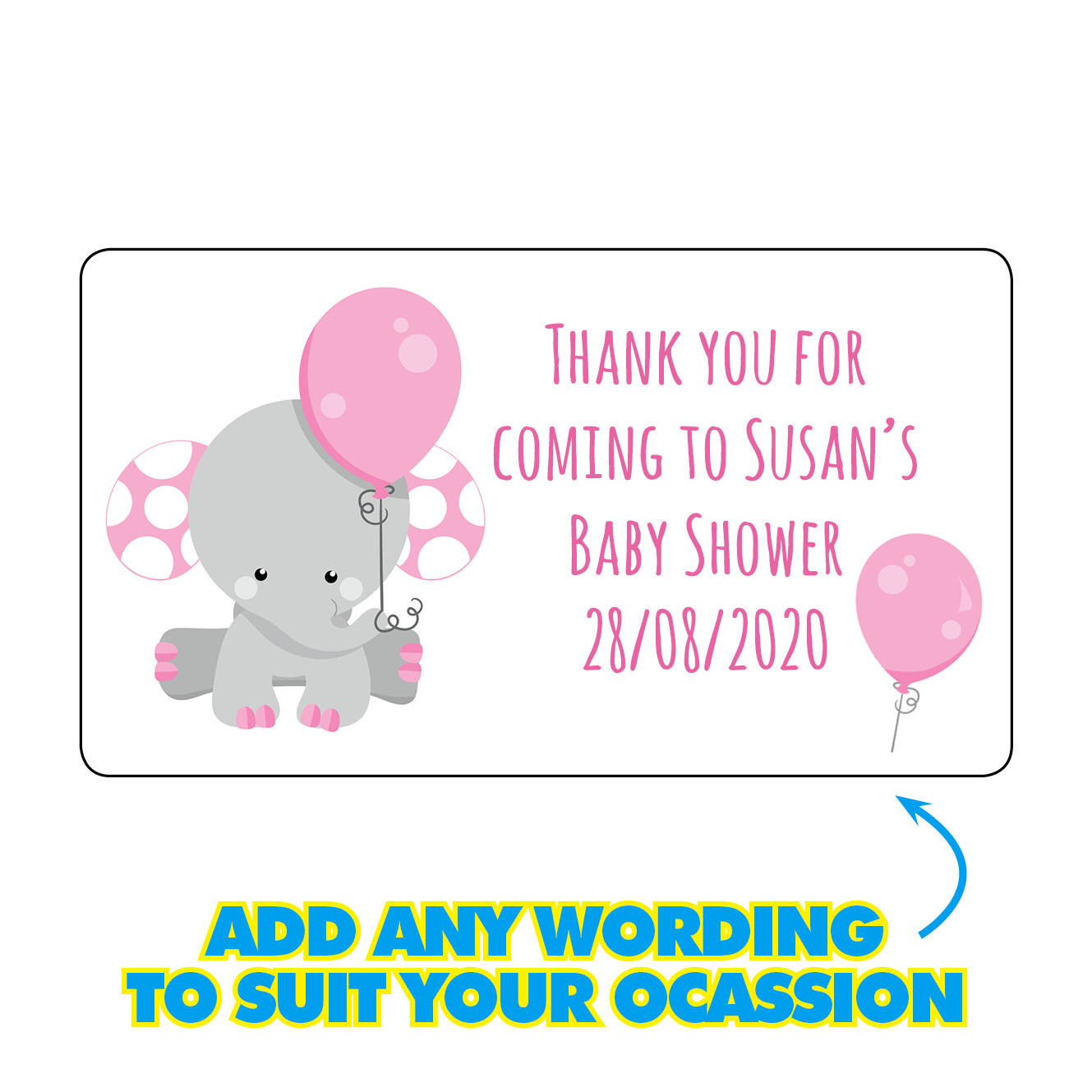 GLOSSY Personalised Elephant Baby Shower Gender Stickers Party Bag Labels 255