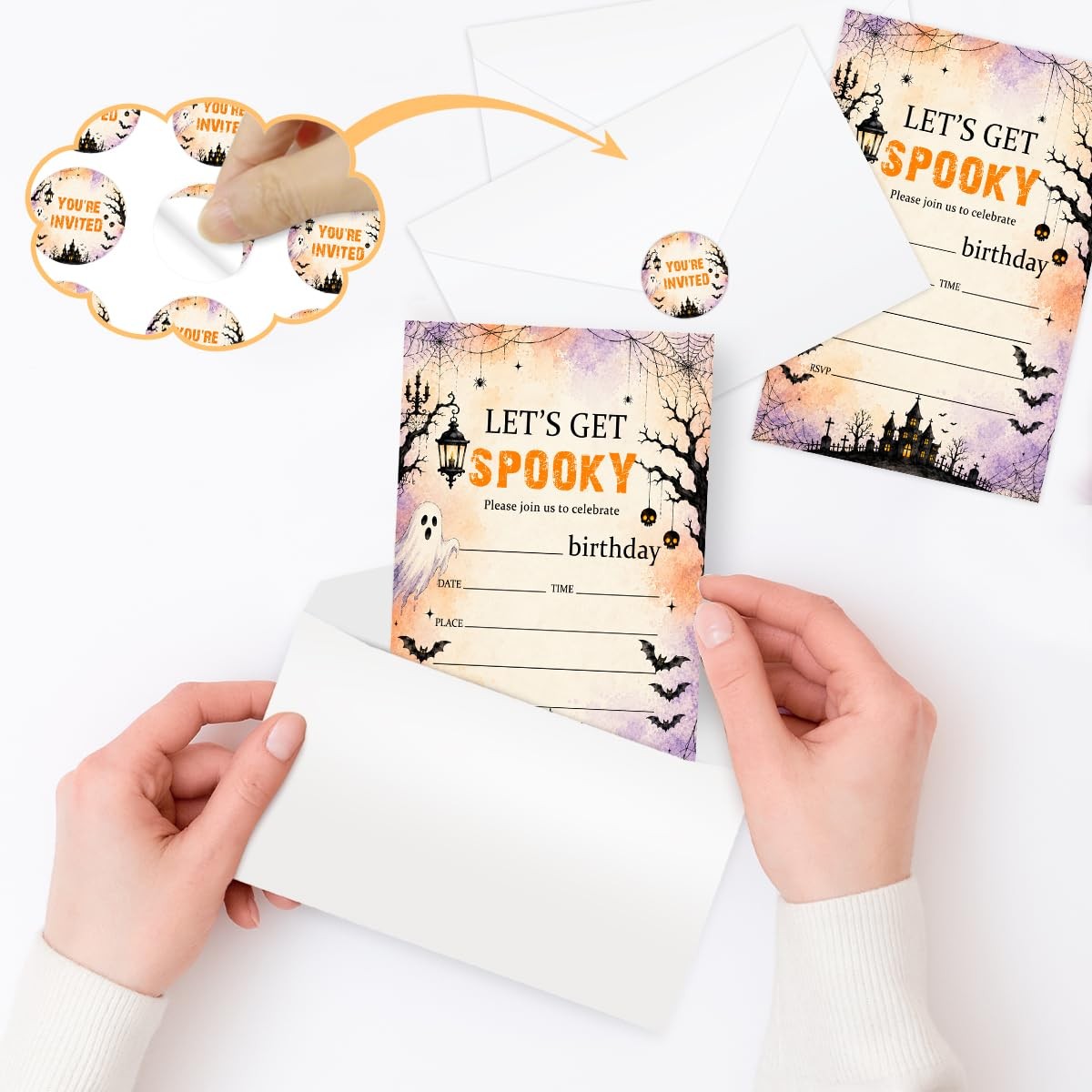 Nopoben Watercolor Spooky Ghost Halloween Birthday Invitation, multicolored