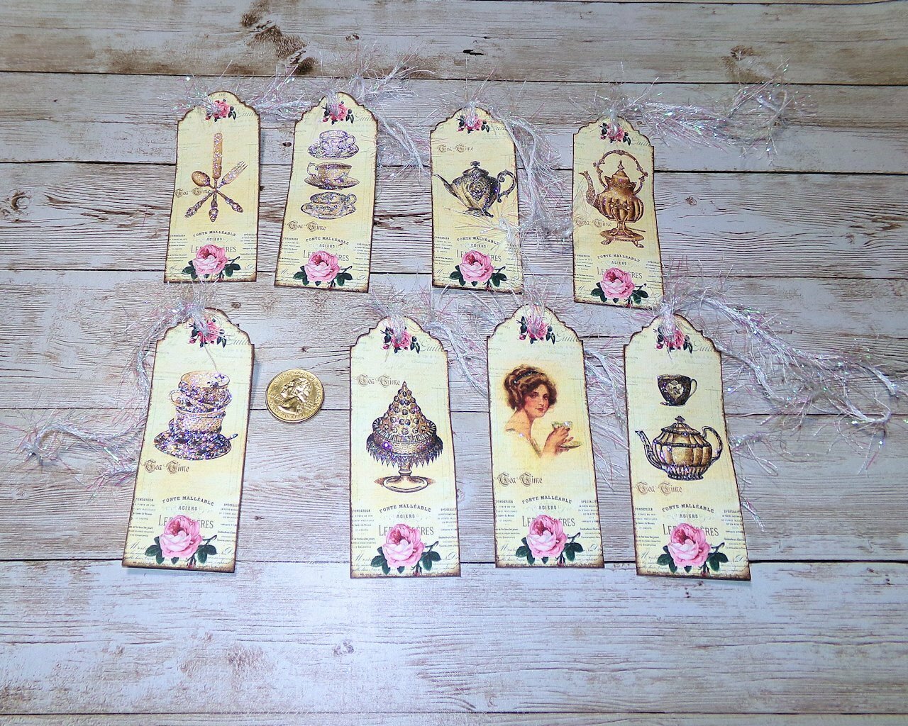 8~Vintage~Victorian~Tea Time~Fussy Cut~Glitter~Linen Cardstock~Gift~Hang~Tags