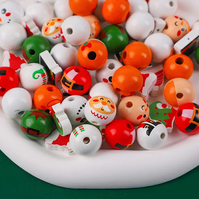48/80Pc Wooden Beads Christmas Santa Claus Gingerbread Man Elf DIY Garland Decor
