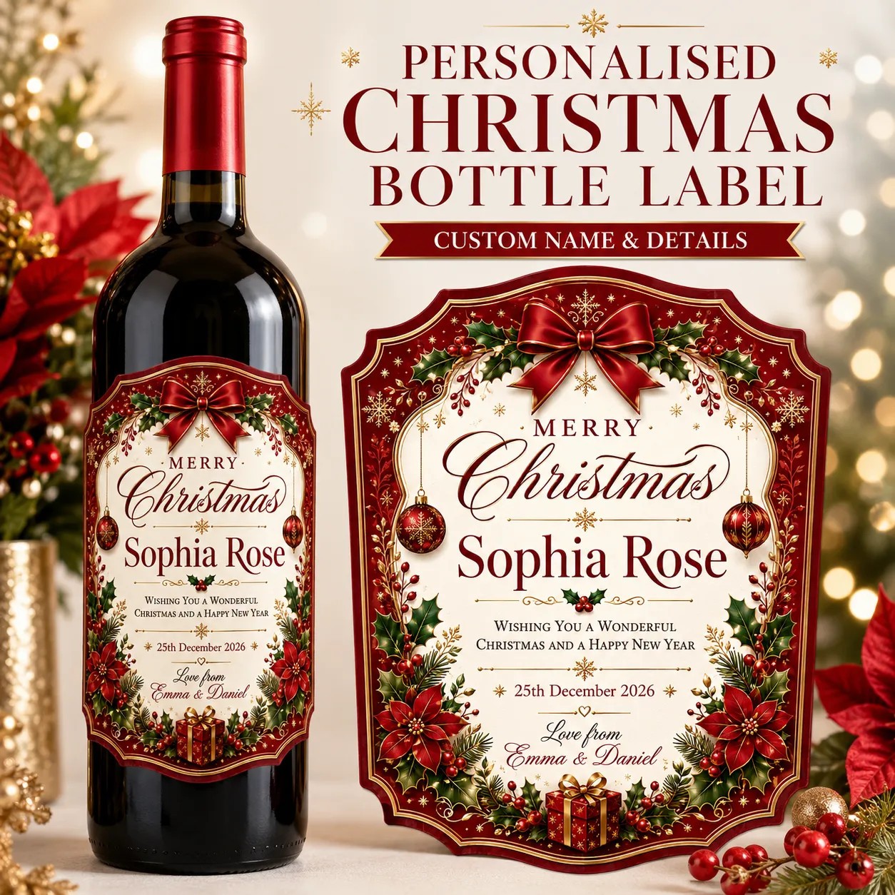 Personalised Christmas Bottle Label Sticker Custom Wine Champagne Gift