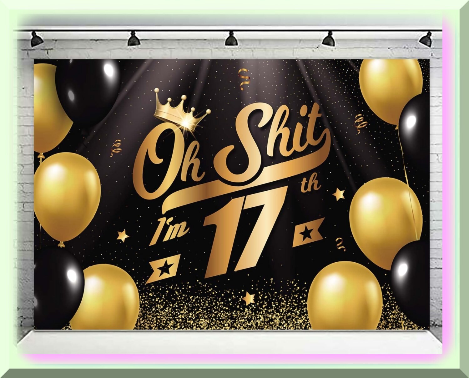 Seventeen Sparkle Fiesta Black Gold Balloon Confetti Backdrop