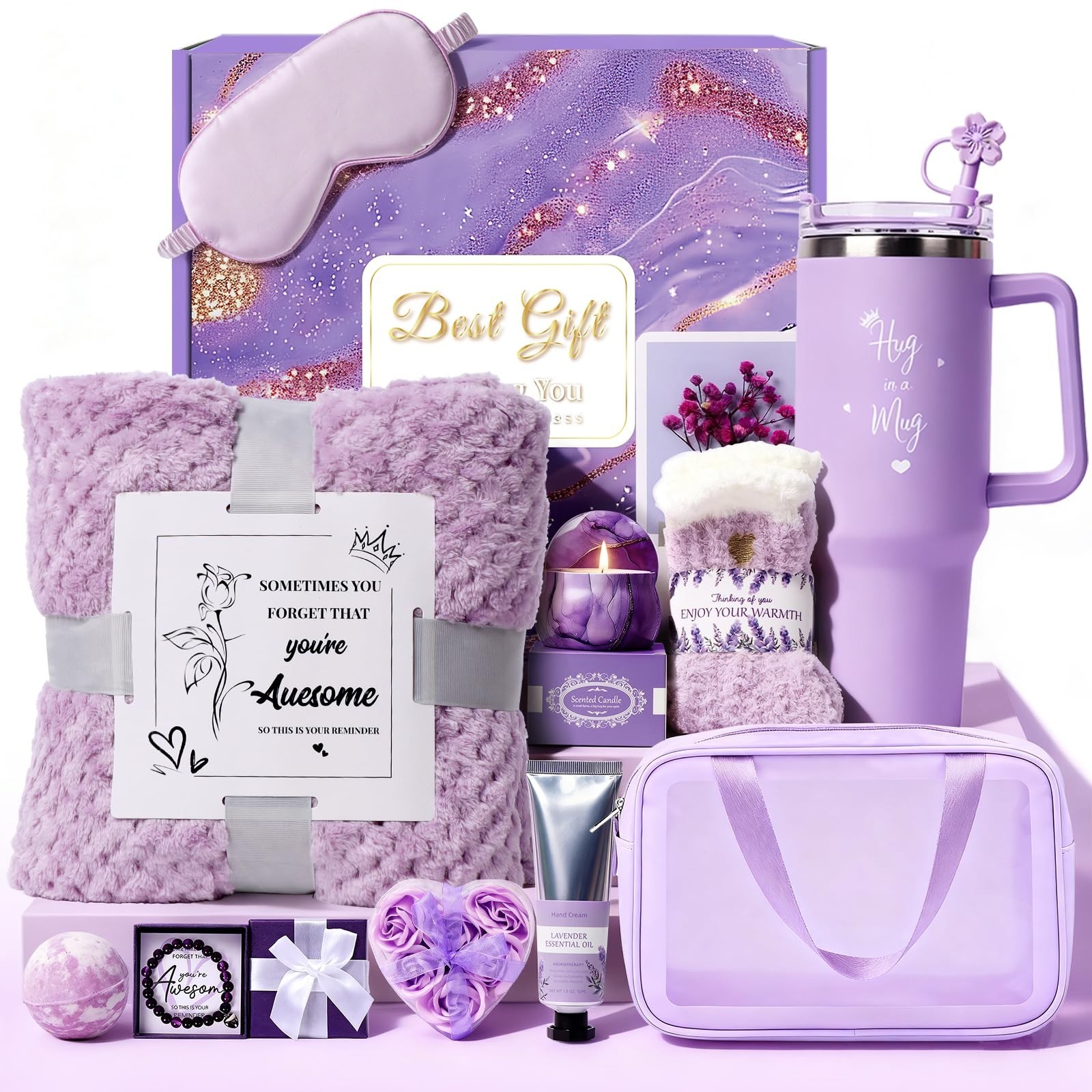 Birthday Gift for Women, Luxury Self Care Spa Gift Basket with Blanket for Mo…