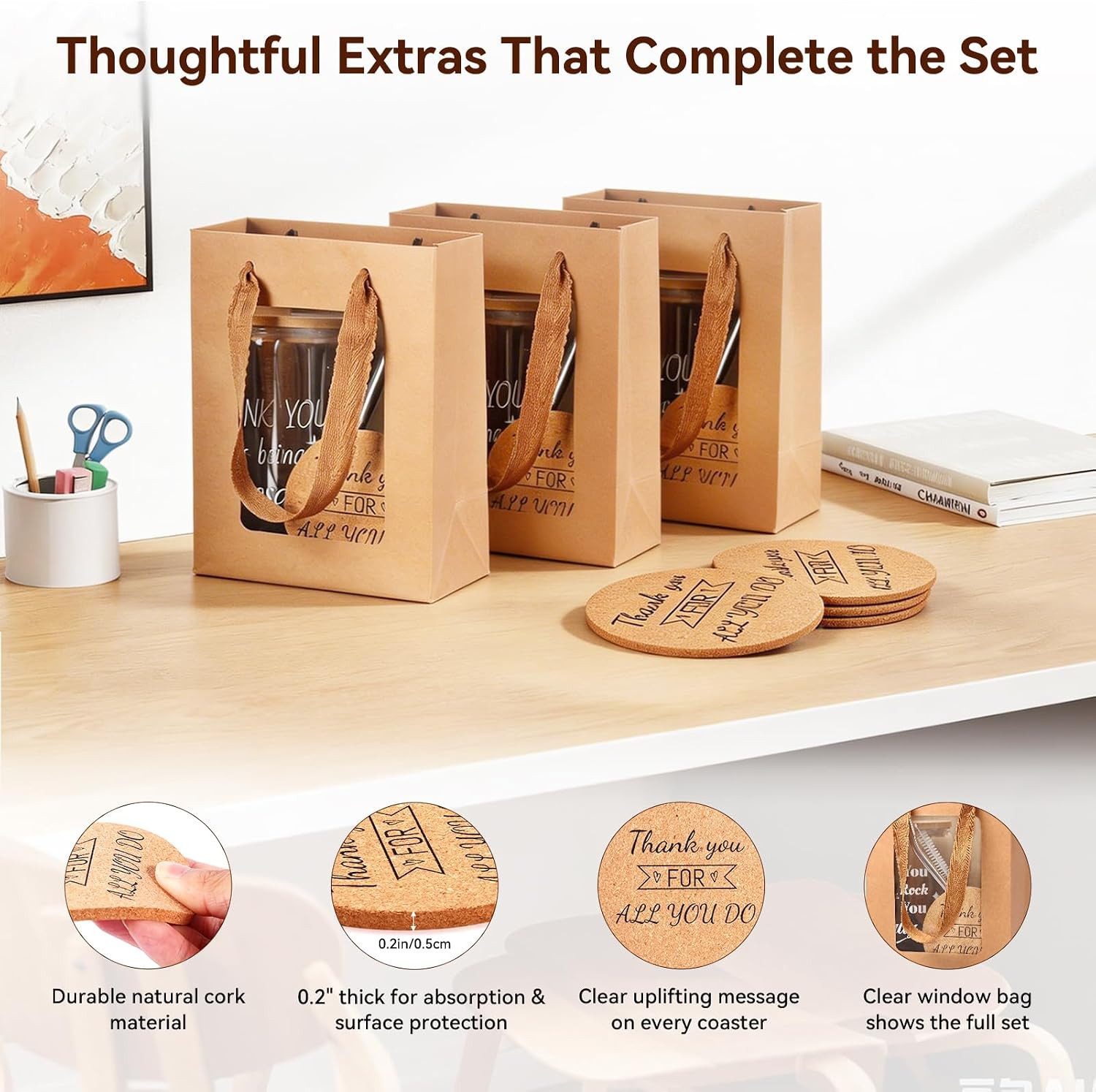 40 Pcs/8 Sets Employee Appreciation Gifts Glass Cups with Coasters, Straws, Gift