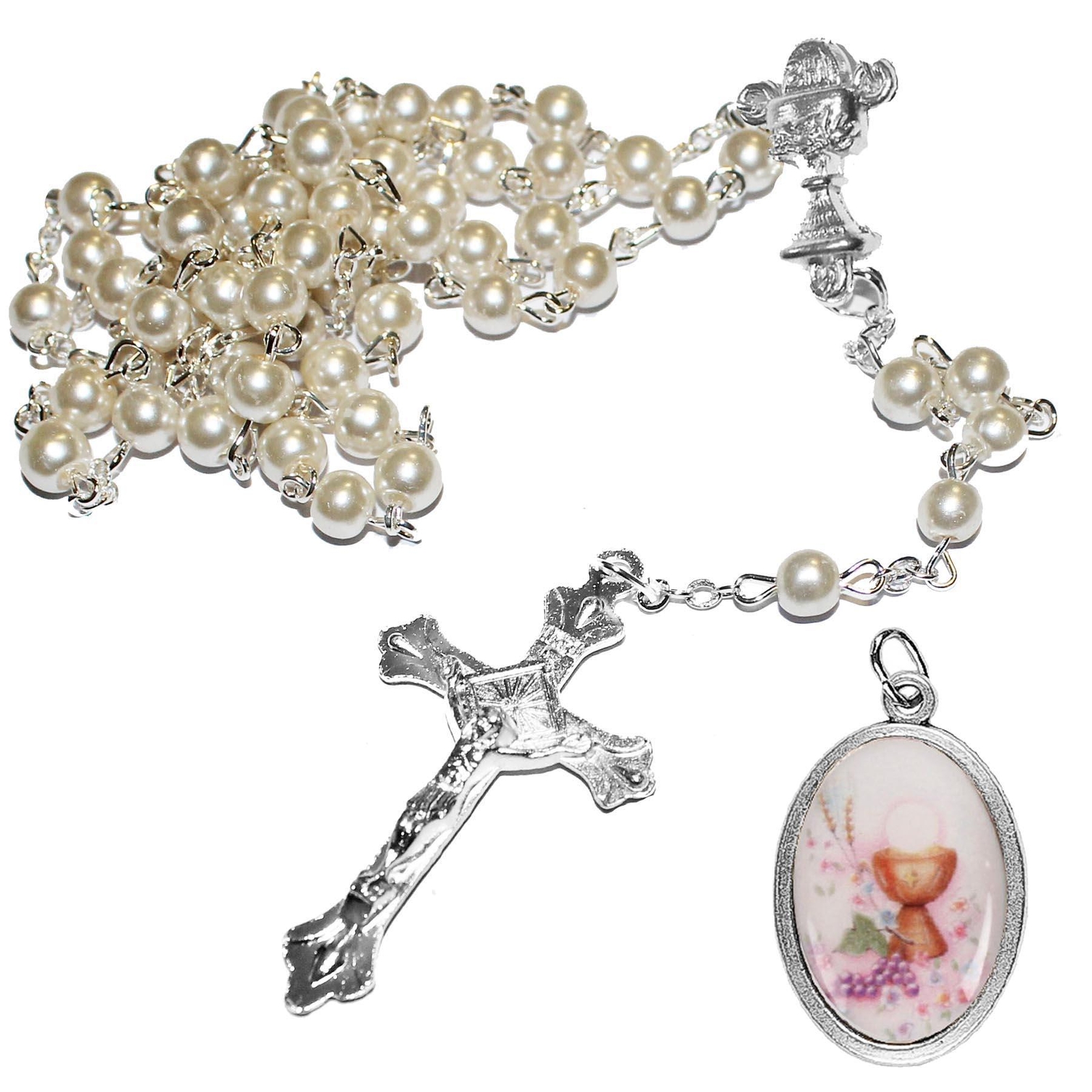 Holy Communion Pearl Rosary Beads and Picture Medal Gift Set