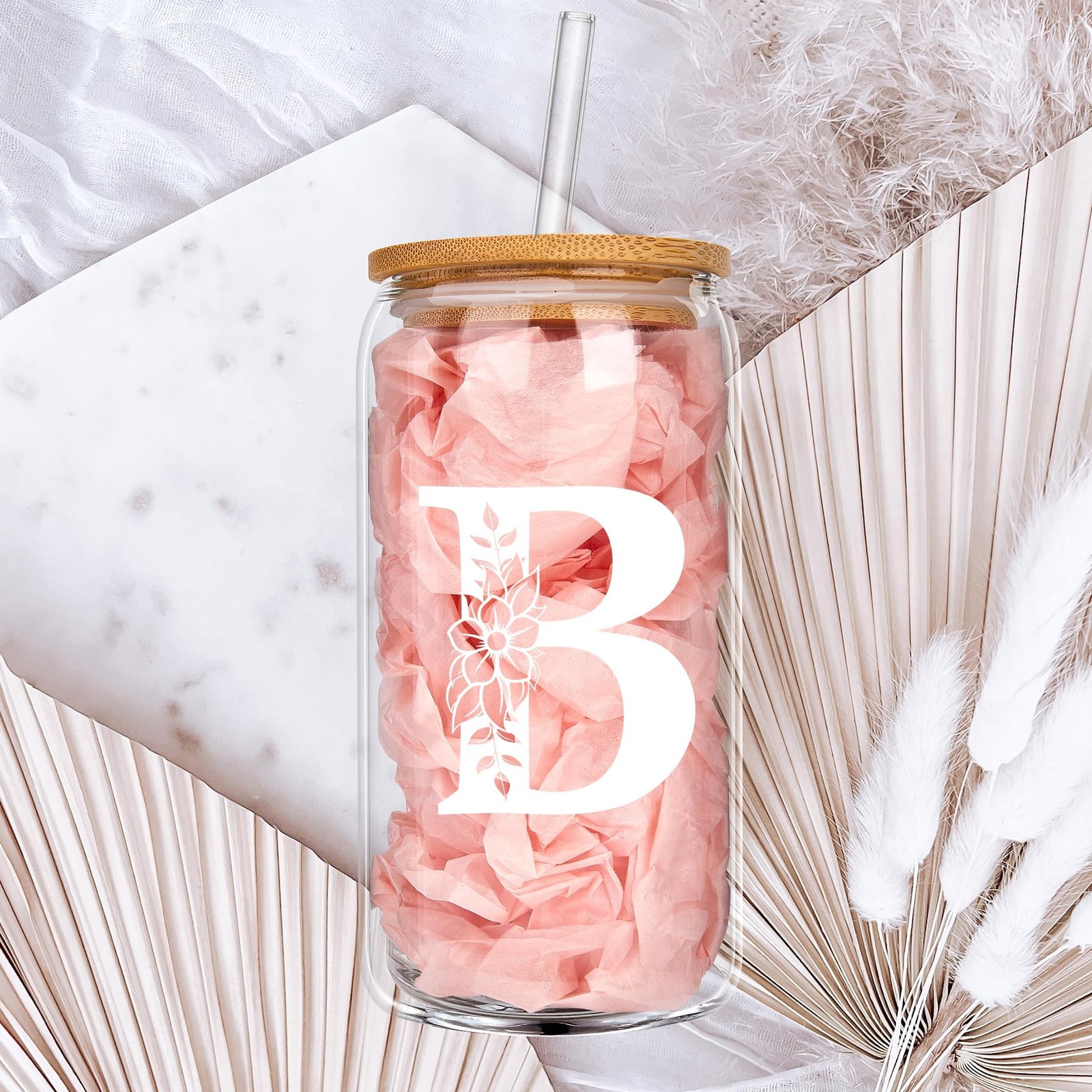Personalized Gifts for Women, Monogrammed Glass Cups with Lids and Straws, Cu…